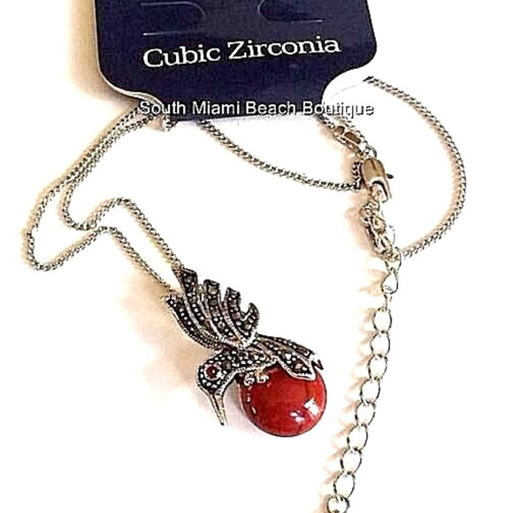 Hummingbird Necklace 19" Cubic Zirconia Marcasite Silver Rhodium Plated Red 19" - Picture 4 of 8